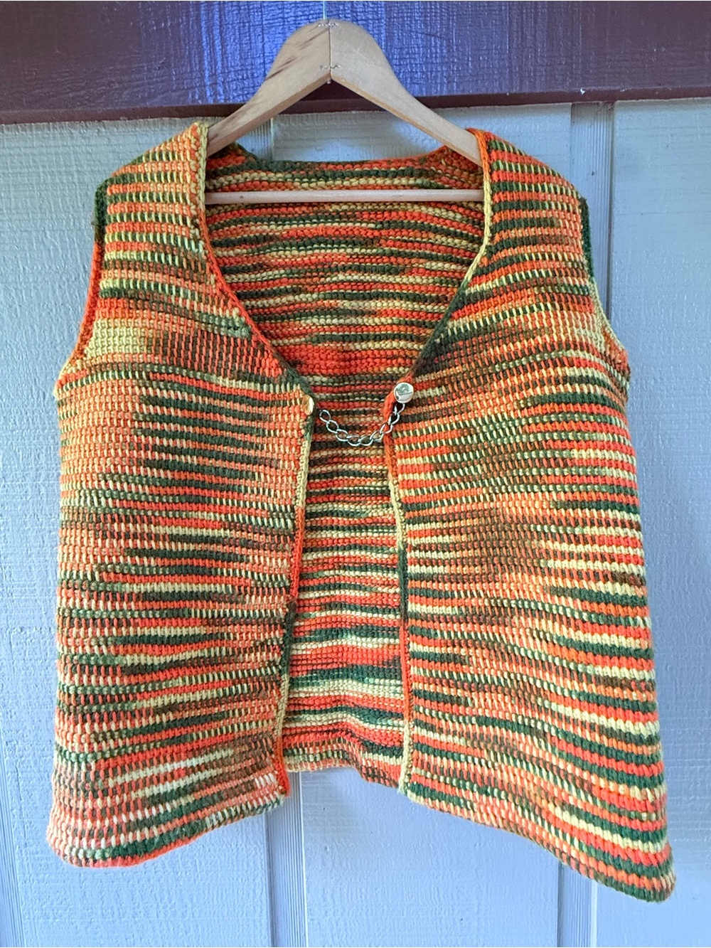 Vintage 70s Hand Knit Multicolor Striped Variegated Hippy Vest Orange Yellow L